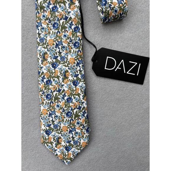 NWT‎ Dazi Mens Alpine Blum floral cotton slim skinny tie blue yellow 2.5" - Picture 2 of 4